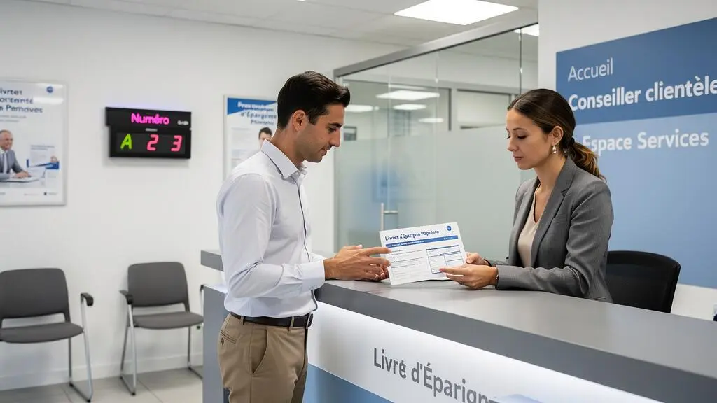 Conseiller bancaire accompagnant un client pour l'ouverture d'un LEP dans une agence bancaire française
