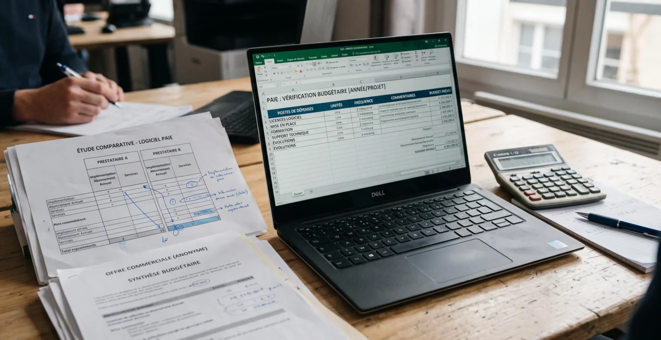 Tableau de calcul budgétaire d'un logiciel de paie avec abonnement et frais complémentaires