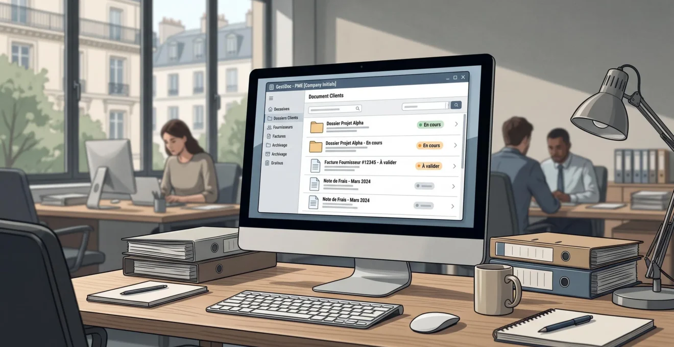 Poste de travail d’une PME avec documents numériques et tableau de suivi des factures