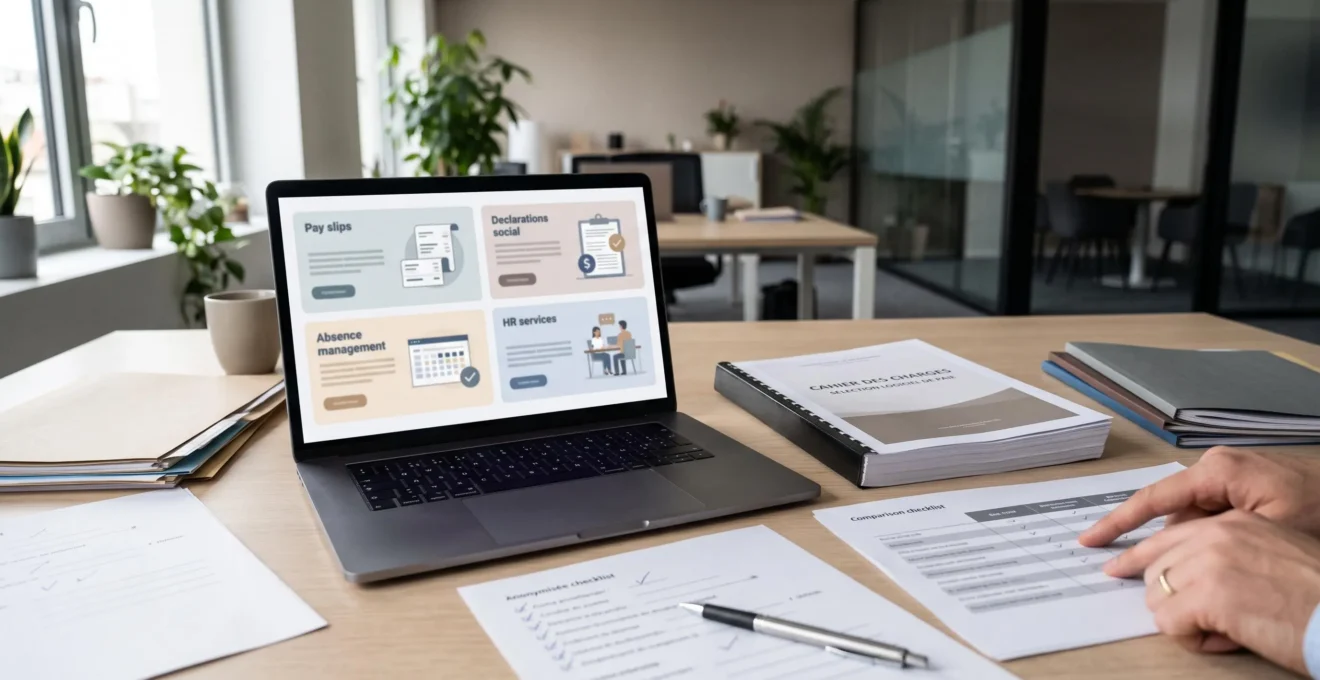 Poste de travail présentant une comparaison de solutions de paie pour une PME